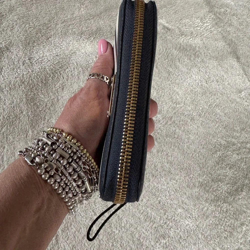 Michael Kors Blue/White Leather Striped Zip Around Wallet